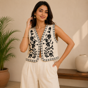 Chaleco de Algodón Reversible Bordado con Flores para Mujer, Chaleco sin Mangas Acolchado, Chaqueta Étnica Boho Hecha a Mano - Product Image 2