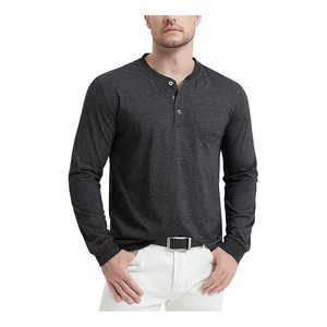 เสื้อเชิ้ตเฮนลีย์ผู้ชายสีดำ ระบายอากาศได้ดี ทรงใหม่ แขนยาว ผ้าฝ้ายเจอร์ซีย์ 100% แบบเรียบง่าย มีกระเป๋า ติดกระดุม ทรงเข้ารูป แห้งเร็ว - Product Image 1