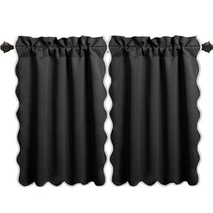 Modern 100% Blackout Pleated Half <b>Curtain</b> 2 Panels with Scallop Design and Hooks for Home Office Hotel Cafe <b>Kitchen</b> Use - Product Image 2