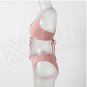 Ensemble bikini 2 pièces côtelé rose pour femme avec haut dos nu croisé et bas taille haute à cordon de serrage - Product Image 3