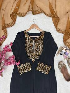Ensemble Kurti Palazzo Noir de Créateur avec Dupatta Brodé Doré pour Femme – Tenue de Soirée Élégante, Costume Ethnique avec Broderie Zari et Fil - Product Image 5