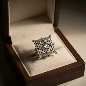 DIVYORO VINTAGE OXIDIZED <b>SILVER</b> INLAY GEOMETRIC ETHNIC STATEMENT <b>RING</b> with PINK & GREEN STONE ACCENTS Women's Brass Party - Product Image 3