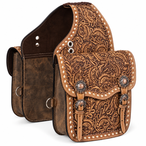 Sac de selle artisanal en cuir pour cheval |   Pochette de rangement équestre occidentale avec sangles et boucles sécurisées pour l'équitation en trail, le travail à la ferme et l'équipement de tack - Product Image 1