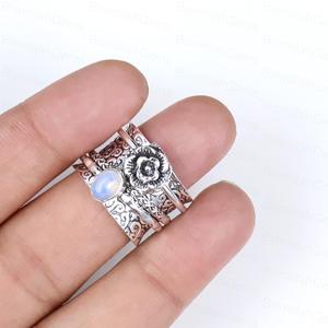 925 Sterling <b>Silver</b> Plated <b>Spinner</b> Opalite <b>Ring</b> for Women Vintage Handmade Floral Rose Detail Wide Band Wholesale Jewelry - Product Image 3