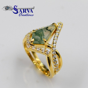 Women's Gold Plated <b>Ring</b> With Zirconia Natural <b>Moss</b> <b>Agate</b> Triangle Cut Pave Setting Luxury Geometric Design - Product Image 6