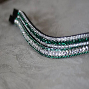 Recién llegado, calidad de exportación, hecho a mano, personalizado, 3 filas, verde oscuro y cristales transparentes, banda para cejas de caballo de cuero inglés negro - Product Image 4