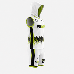Ensemble de maillots de basket-ball à capuche F2WIN, blanc et vert, impression sublimée, évacuation de l'humidité, vêtements de sport unisexes pour adultes, prix de gros - Product Image 3