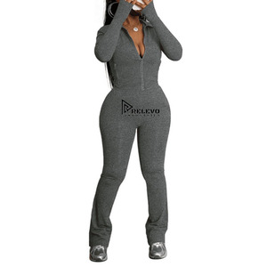 Combinaison longue zippée pour femme, gris uni, col en V, manches longues, tenue décontractée avec poches latérales, tissu respirant en coton et élasthanne - Product Image 2