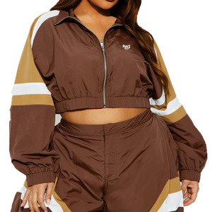 Custom Women Cropped Windbreaker Tracksuit <b>Set</b> OEM Zip Up Jacket and Pants Lightweight Streetwear Activewear Bulk Hoodies Supply - Product Image 5