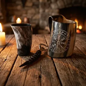 Juego de cuernos de buey de alta calidad, 3 piezas, estilo vikingo natural, taza de cuerno de buey para beber con vaso de chupito y abridor de botellas de cuerno. - Product Image 3