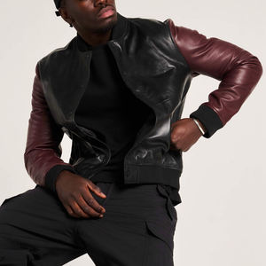 Wholesale <b>Men's</b> Black PU Leather <b>Bomber</b> <b>Jacket</b> With Burgundy Sleeves Embroidered Logo Turn-down Collar Regular Fit Autumn Wear - Product Image 2