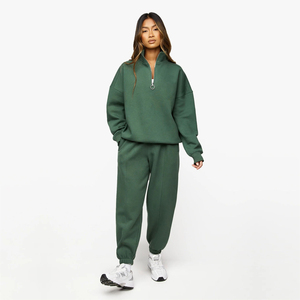 <b>Women's</b> Plus Size Oversized <b>Green</b> Polyester <b>Fleece</b> Sweatshirt Set Stand Collar Zipper Closure Regular Fit Autumn Casual Wear - Product Image 1