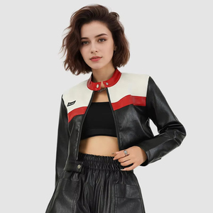 Chaqueta de Mujer, Estilo Punk, Colorblock, con Cierre y Tachuelas, Chaqueta Corta de Cuero PU Estilo Moto, Ropa Exterior Corta Y2K para Mujer - Product Image 1