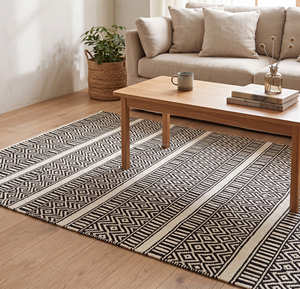 Modern Handmade Cotton Area <b>Rug</b> with Black Geometric Pattern for Contemporary Living <b>Spaces</b> - Product Image 1