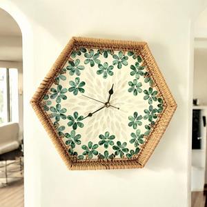 Horloge murale en rotin de luxe avec coquille de nacre, horloge suspendue pour bureau, maison, hôtel, décoration - Product Image 4