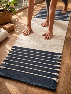 Contemporary Woven Exercise Mat Rectangle Navy White Striped Chenille Fabric Non-Slip Rubber Backing Medium Thickness Home Use - Product Image 5