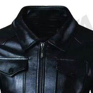 <b>Men's</b> Black <b>Leather</b> Moto <b>Jacket</b> Turn-down Collar Zipper Closure Slim Fit Autumn Regular Sleeve Solid Color - Product Image 2