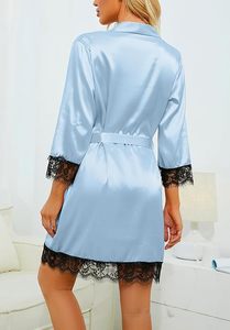 Bata de satén para mujer, 4 piezas, con encaje, ropa de dormir de manga corta, pantalones cortos, suave, color liso, lencería, ODM, ropa de verano - Product Image 2