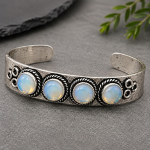 Moon Glow Opalite Four Stone Heritage <b>Cuff</b> Bangle Handmade Gold/<b>Silver</b> Plated Brass Statement Jewelry - Product Image 4