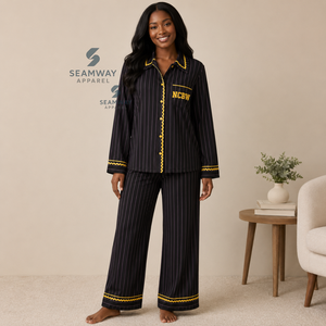 NCBW Sorority Women's Striped Pajama Set Button Front Long Sleeve Sleepwear Contrast Trim Lounge <b>PJs</b> With Drawstring Pants - Product Image 6
