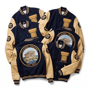 OEM Custom Varsity Letterman Jacket Wool Leather Sleeves Stone Carvers Colonnade Embroidery Acanthus Leaf Patch Black <b>Coat</b> - Product Image 2