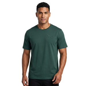 T-shirt décontracté pour homme, vert foncé, avec logo en relief, manches courtes, col rond, coupe classique, respirant, en polyester tricoté - Product Image 6