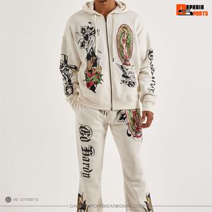 Sudadera con capucha blanca con cremallera para hombre, estilo oversize, con estampado de calavera serigrafiado, de felpa francesa de algodón. - Product Image 3