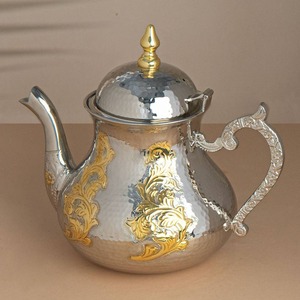 Silver Tea Kettle With Gold Accents Round <b>Classic</b> Design For Coffee And Tea Tools With Lid - Product Image 2