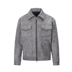 Gray <b>Suede</b> Trucker <b>Jacket</b> Full Sleeve Turn-down Collar Zipper Closure Autumn Regular Fit Solid Color Men Women's <b>Jacket</b> - Product Image 6
