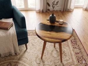 Table d'appoint triangulaire moderne en bois/résine avec grain naturel et incrustation en époxy noir pour une décoration intérieure d'inspiration naturelle - Product Image 4
