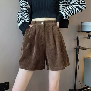 High Waisted White Corduroy <b>Shorts</b> <b>Women</b> Loose Fit Solid Color Button Fly Casual Pants <b>Short</b> Skirt Style Breathable Woven Fabric - Product Image 2