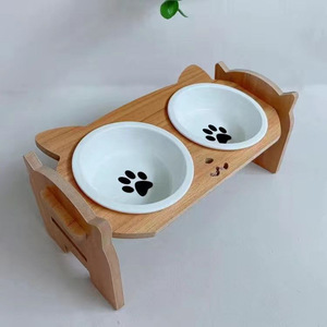 Comederos Elevados de Cerámica para Perros y Gatos con Base de Madera, Juego de Comedor para Mascotas de Interior - Product Image 1