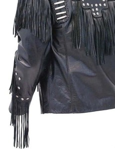 Veste en cuir véritable noir de qualité supérieure pour homme avec franges et clous argentés, style motard, col rabattu, personnalisation disponible - Product Image 5