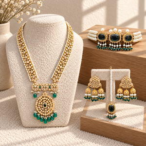 Conjunto de Joyería Nupcial Verde Chapado en Oro: Gargantilla Rani, Pendientes Jhumka y Maang Tikka - Venta al por Mayor Directa de Fábrica - Product Image 4