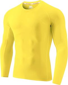 USKOY Men's Yellow Long Sleeve Compression Shirt Crew Neck Quick Dry Breathable <b>Sweat</b>-Wicking Solid Color Training <b>Top</b> - Product Image 1