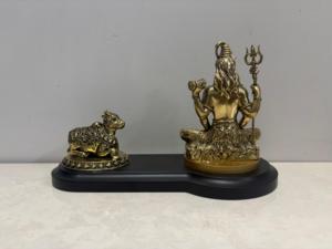 Antique Brass Lord Shiva Idol Nandi Set Wooden Base Handcrafted Meditating Adiyogi Shiva <b>Statue</b> Trishul Outdoor Tabletop - Product Image 4