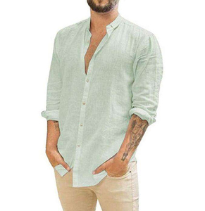 Chemise décontractée à manches longues pour homme, col en V, couleur unie, tissu popeline respirant, vêtements d'été, chemises en coton à manches longues - Product Image 2