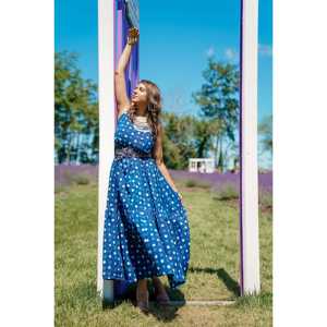 Robe en mousseline de soie à pois bleus Yale, coupe trapèze, taille empire, tissu respirant, taille XS - Product Image 3