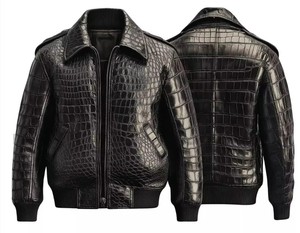 IRSA SPORTS Real Leather Alligator Print Embossed Skin Unisex Luxury Black <b>Waterproof</b> Full Sleeve All Seasons Bomber <b>Jacket</b> - Product Image 1