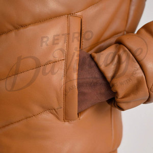 Blouson Homme Marron Tan en Similicuir Matelassé Style Bomber Col Montant Coupe Slim Décontracté Motard - Product Image 6