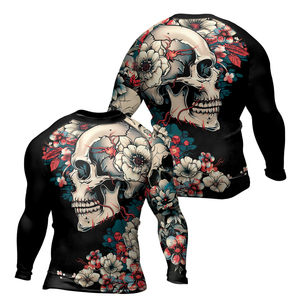 Men Long Sleeve Compression Rash Guard <b>Skull</b> Floral Print Quick Dry Polyester BJJ Shirt Full Sleeve Sublimation Rash Guard - Product Image 1