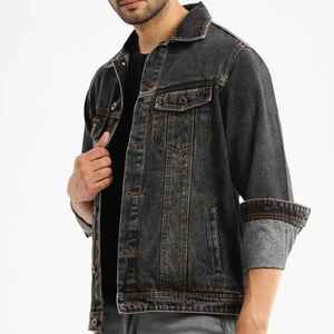 Veste en jean noire pour homme, col rabattu, manches longues, fermeture à cordon, effet vieilli, vintage, imperméable, décontractée, pour l'automne - Product Image 4