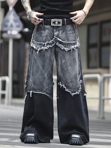Pantalon large déchiré en faux denim style hip-hop américain pour homme, style urbain de niche, patchwork, délavé - Product Image 4