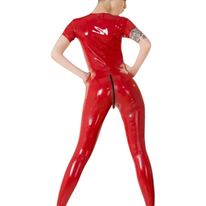 Combinaison rouge pour femme en PU enduit, manches courtes, col rond, coupe ajustée longue avec fermeture éclair, tenue de club, couleur unie - Product Image 4