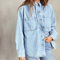 Kemeja Wanita Premium Klasik Berkancing Kerah Jaket Saku Tempel Blus untuk Wanita Lengan Panjang Kemeja Denim Oversize