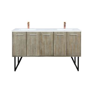 Mobile bagno doppio rustico in acacia 60 pollici L X 20 Pollici Set D con piano in quarzo bianco e rubinetto color oro rosa per il tuo bagno - Product Image 1