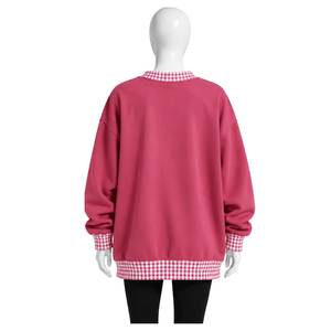Mens Rose <b>Pink</b> Oversized Crewneck <b>Sweatshirt</b> With Checkered Neckline And Cuffs Long Sleeve Graphic Pullover Casual Fashion Top - Product Image 2