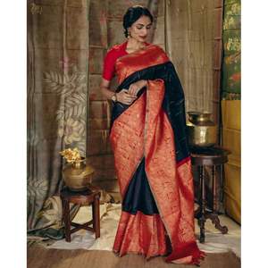 NOUVELLE ARRIVÉE BANARASI SILK BORDER WORK SAREE AVEC BLOUSE INCOUSÉE NOIR - Product Image 1