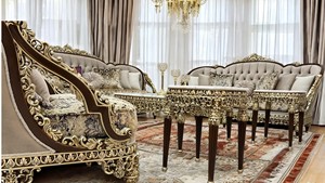 Muebles de Madera para Sala de Estar con Acabado Dorado Majestuoso, Juego de Sofás de Madera de Teca Tallada en Oro Antiguo, Diseño Vintage, Hecho en EE. UU. - Product Image 2