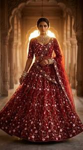 Lehenga Choli en soie brodée de fleurs rouges, sans plis, avec dupatta, tenue traditionnelle indienne pour mariage, Diwali, fête, pour femmes - Product Image 2